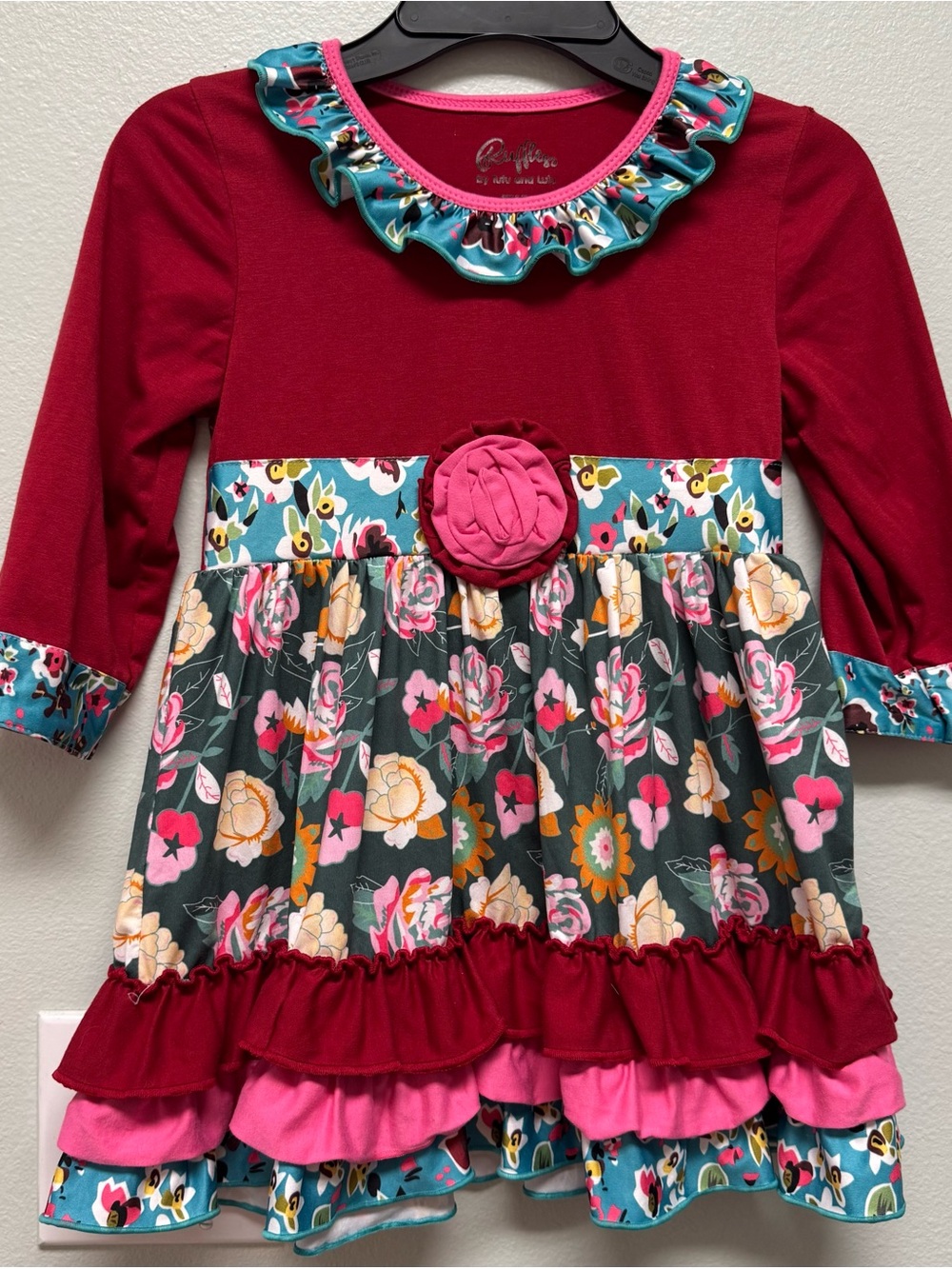 Ruffles by Tutu and Lulu Girls Burgundy & Teal Floral Ruffle Long Sleeve Dress